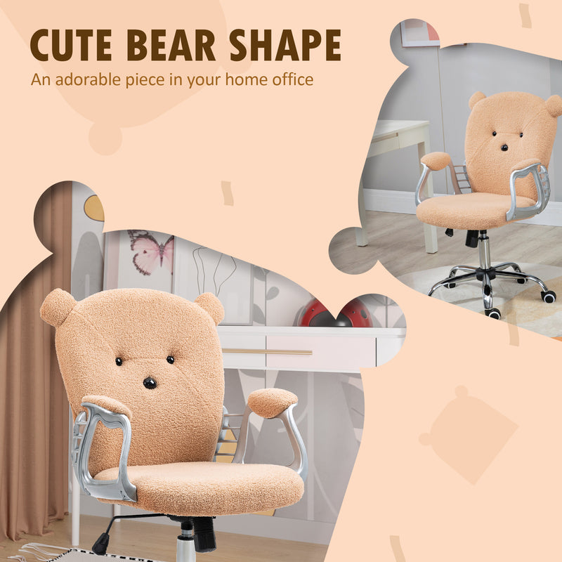 Cute Office Chair, Bear Shape Desk Chair with Teddy Fleece Fabric, Padded Armrests, Tilt Function, Adjustable Seat Height, Brown