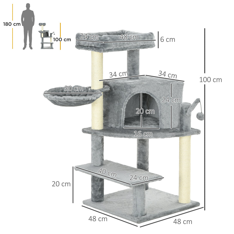 Sisal 100cm Cat Tree Tower with Sisal Scratching Post Grey