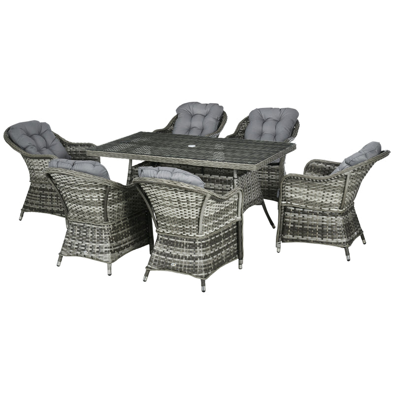 7 Pieces PE Rattan Dining Set Furniture Patio Wicker Furniture with Tempered Glass Table Top, Umbrella Hole and Cushions, Grey