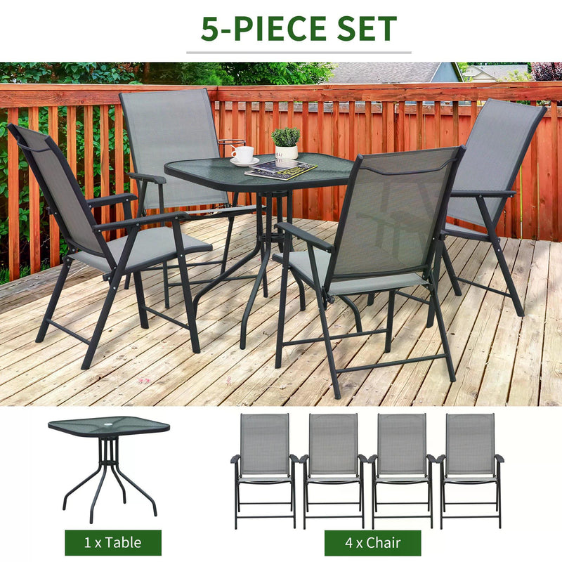 5pcs Classic Outdoor Dining Set Steel Frames w/ 4 Folding Chairs Glass Top Table Texteline Seats Parasol Hole Garden Dining Black Grey