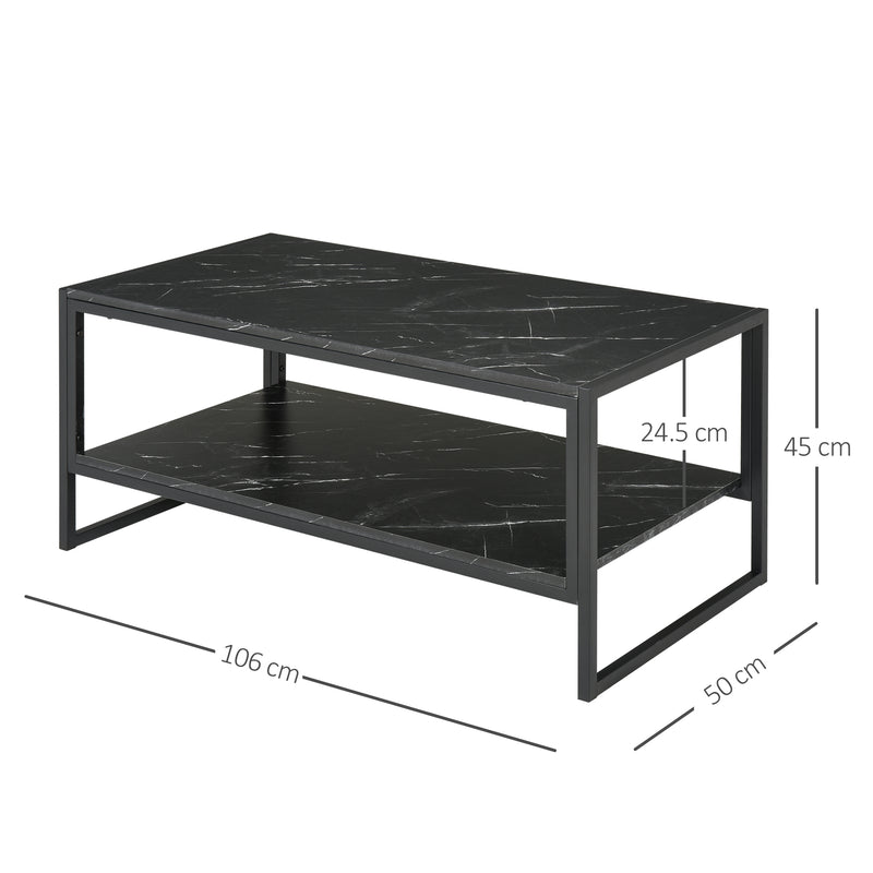 Two-Tier Laminate Marble Print Table Top Coffee Table w/ Metal Frame Foot Pads Elegant Modern Style 2 Shelves Home Display Storage Unit Black