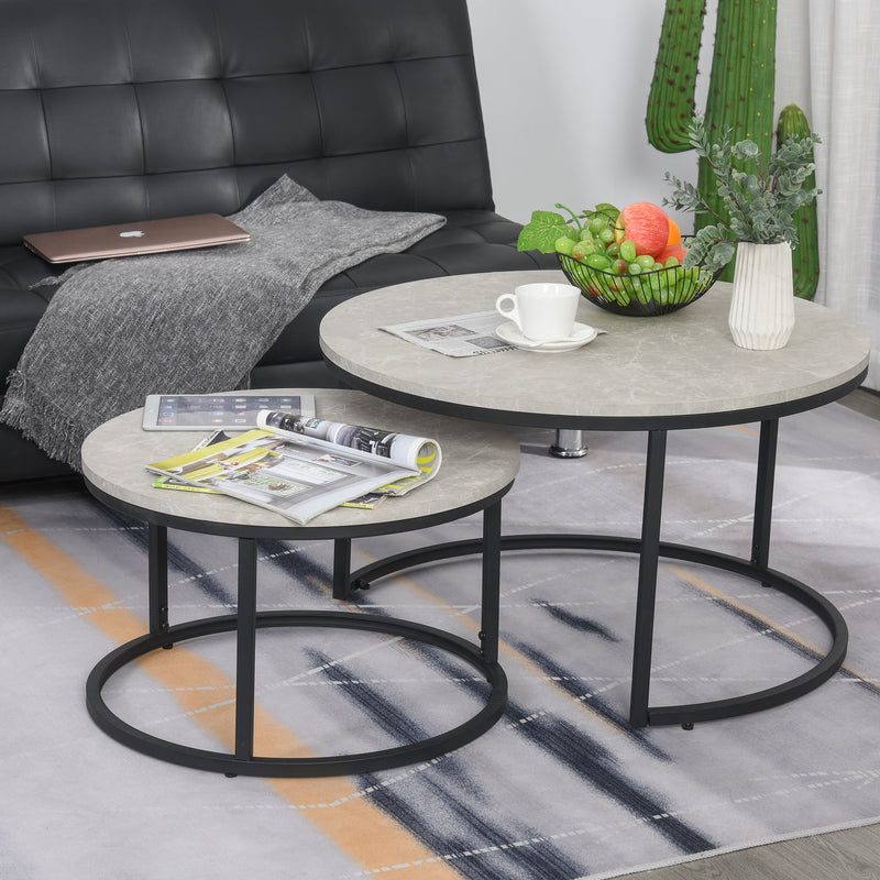 2 Pcs Stacking Coffee Table Set w/ Steel Frame Marble-Effect Top Foot Pads Nest of Tables Storage Display Black/Grey