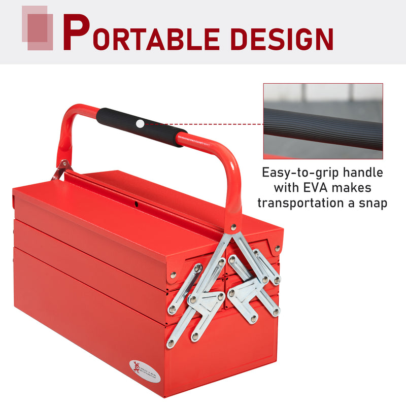 Metal Tool Box 3 Tier 5 Tray Professional Portable Storage Cabinet Workshop Cantilever Toolbox with Carry Handle, 45cmx22.5cmx34.5cm, Red