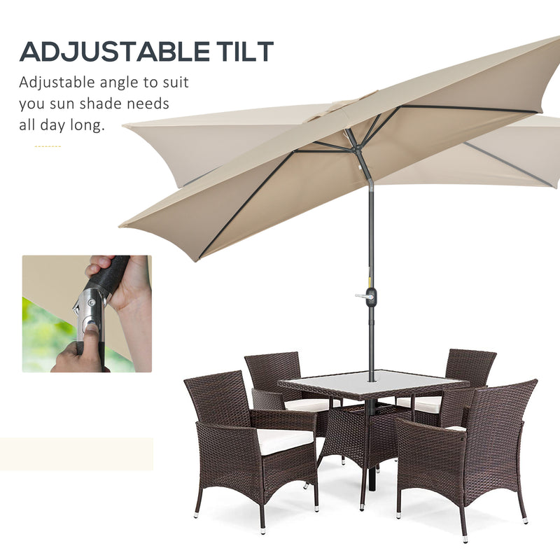 3x2m Patio Parasol Garden Umbrellas Canopy with Aluminum Tilt Crank Rectangular Sun Shade Steel, Khaki