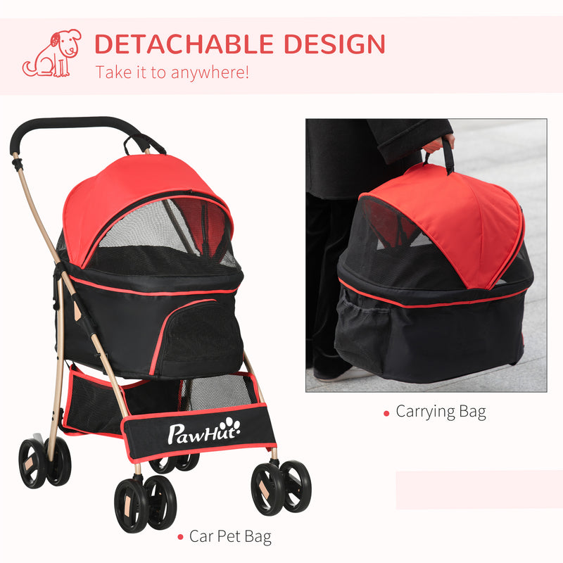 Detachable Pet Stroller with Rain Cover, 3 In 1 Cat Dog Pushchair, Foldable Carrying Bag w/ Universal Wheels, Brake, Canopy, Basket