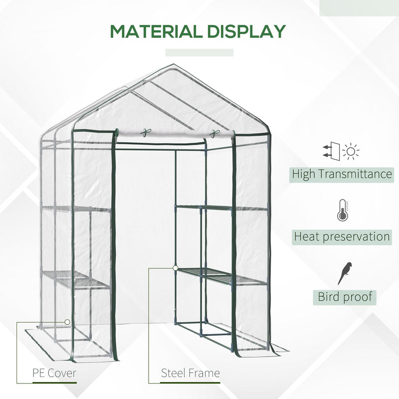 143 x 143 x 195 cm Walk-In Greenhouse 3 Tiers Portable Grow House w/ 8 Shelves, Metal Frame, PVC Film, Transparent