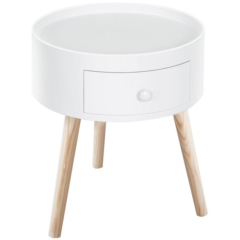 Modern Round Coffee Table Wooden Side Table Living Room Storage Unit w/Drawer Wood Leg - White