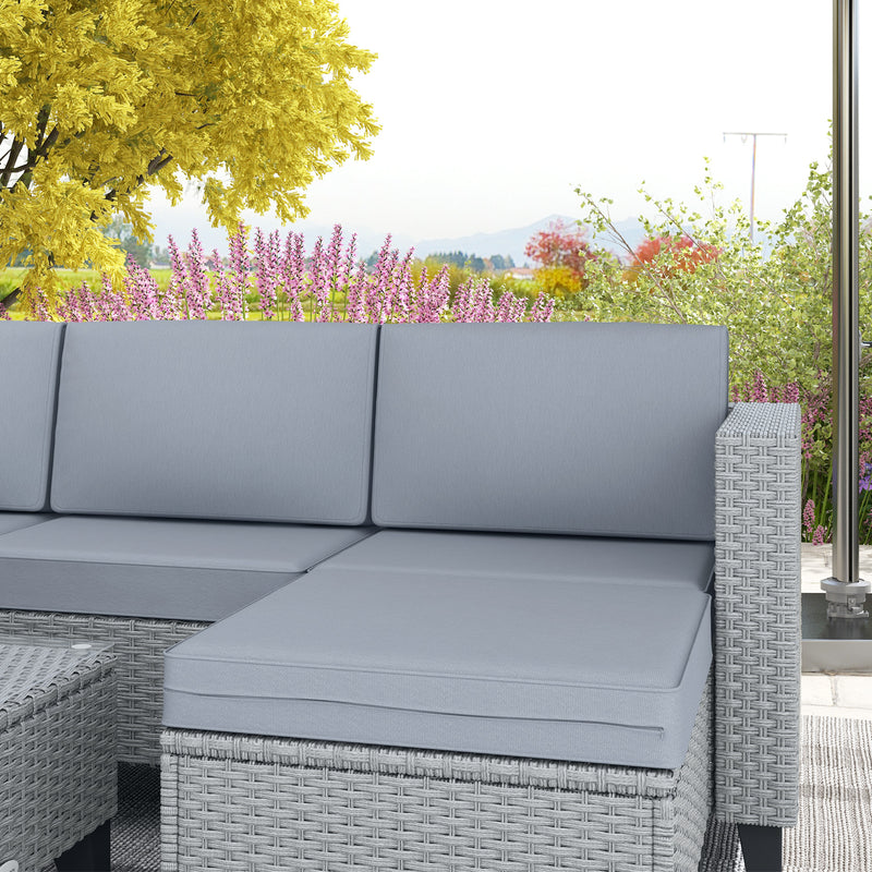 5-Piece Rattan Patio Furniture Set with Corner Sofa, Footstools, Coffee Table, for Poolside, Grey