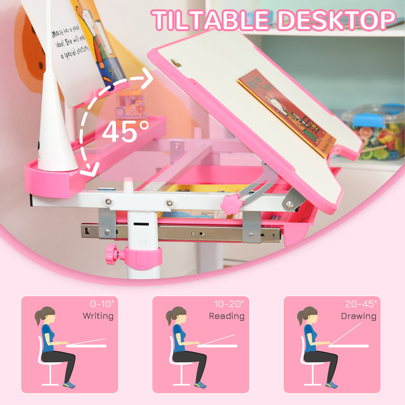 Kids Desk and Chair Set, Height Adjustable Study Desk with USB Lamp, Storage Drawer for Study, Pink and White