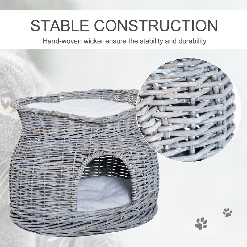 2-Tier Wicker Cat House Elevated Pet Bed Basket Willow Kitten Tower Pet Den. with Washable Cushions 56x37x40cm Grey