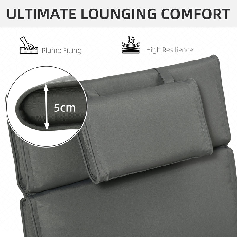 Garden Sun Lounger Cushion Replacement Thick Sunbed Reclining Chair Relaxer Pad with Pillow - Grey