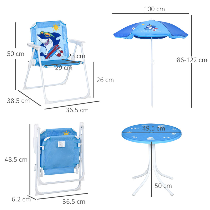 Kids Picnic & Table Chair set, Outdoor Folding Garden Furniture w/ Shark Design, Removable, Adjustable Sun Umbrella, Ages 3-6 Years - Blue