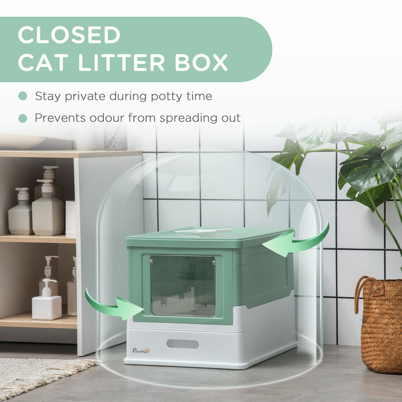 Hooded Cat Litter Box Scoop Included, Litter Tray with Front Entry Top Exit, Portable Pet Toilet with Large Space, 47.5 x 35.5 x 36.7 cm Green
