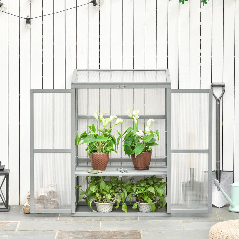 Wooden Cold Frame Greenhouse Garden Polycarbonate Grow House w/ Adjustable Shelf, Double Doors, 76 x 47 x 110 cm, Grey