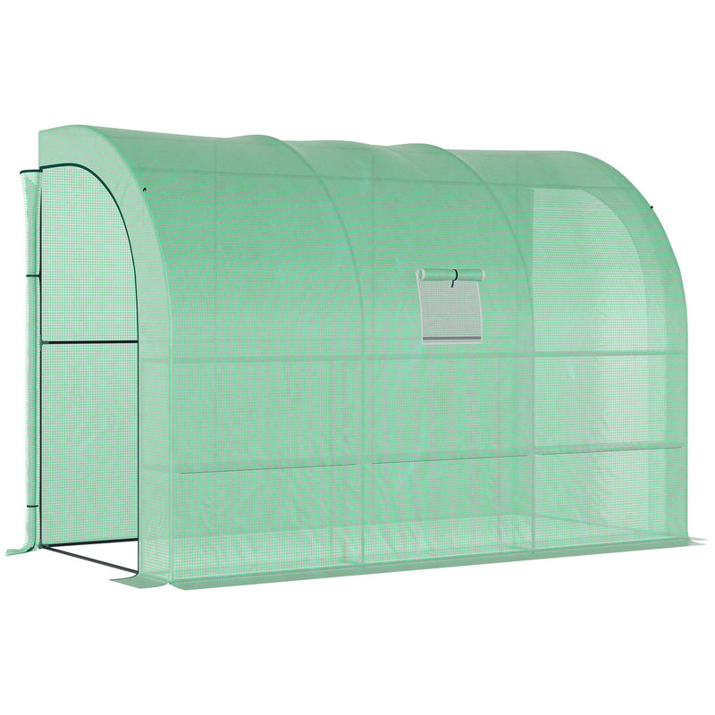 Walk-In Lean to Wall Greenhouse with Windows and Doors 2 Tiers 6 Wired Shelves 300L x 150W x 215Hcm Green