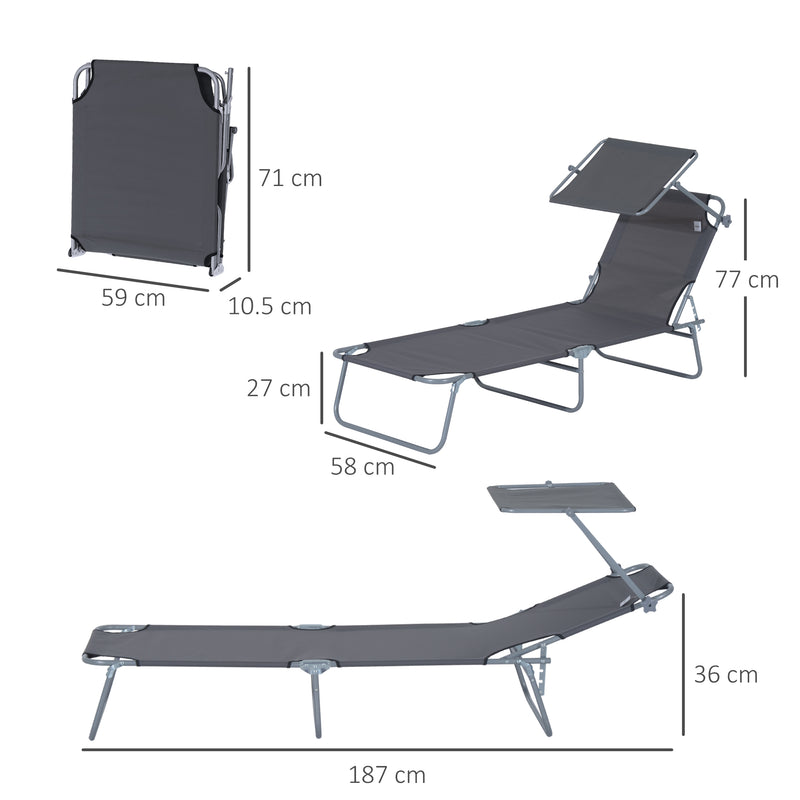 Reclining Chair Sun Lounger Folding Lounger Seat with Sun Shade Awning Beach Garden Outdoor Patio Recliner Adjustable (Grey)
