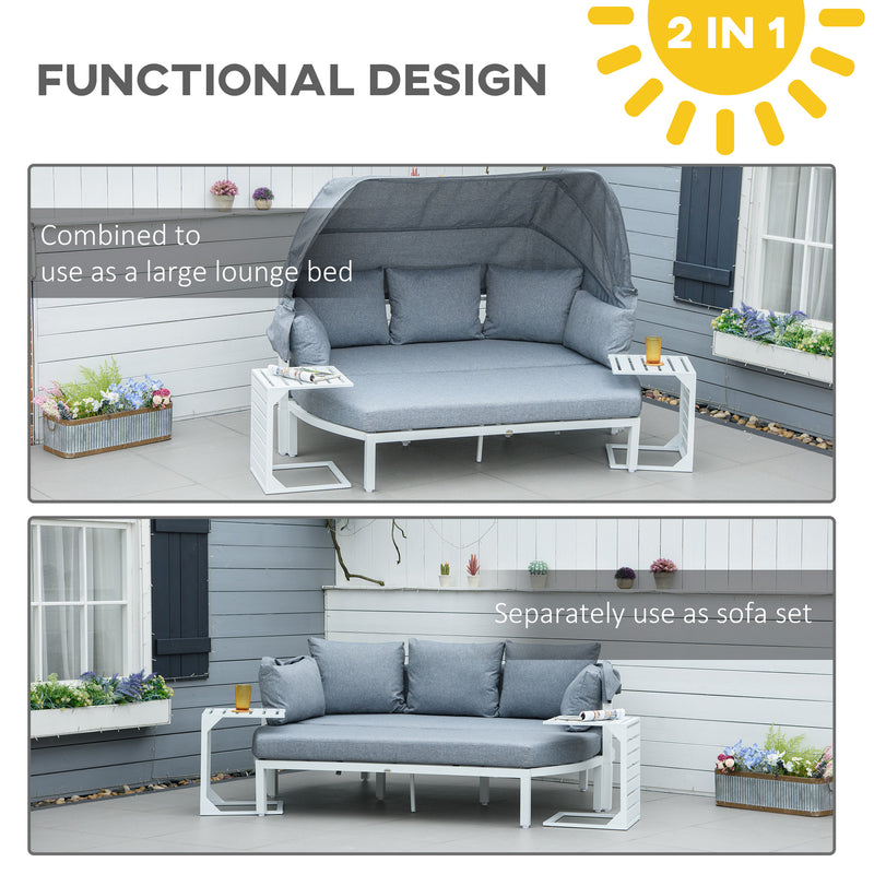 4 Pieces Outdoor Garden Sofa Set, Aluminum Patio Lounge Bed Furniture Set, with Canopy, Padded Cushions & Side Tables, White