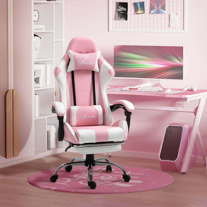 Racing Gaming Chair with Lumbar Support, Head Pillow, Swivel Wheels, High Back Recliner Gamer Desk Chair for Home Office, Pink