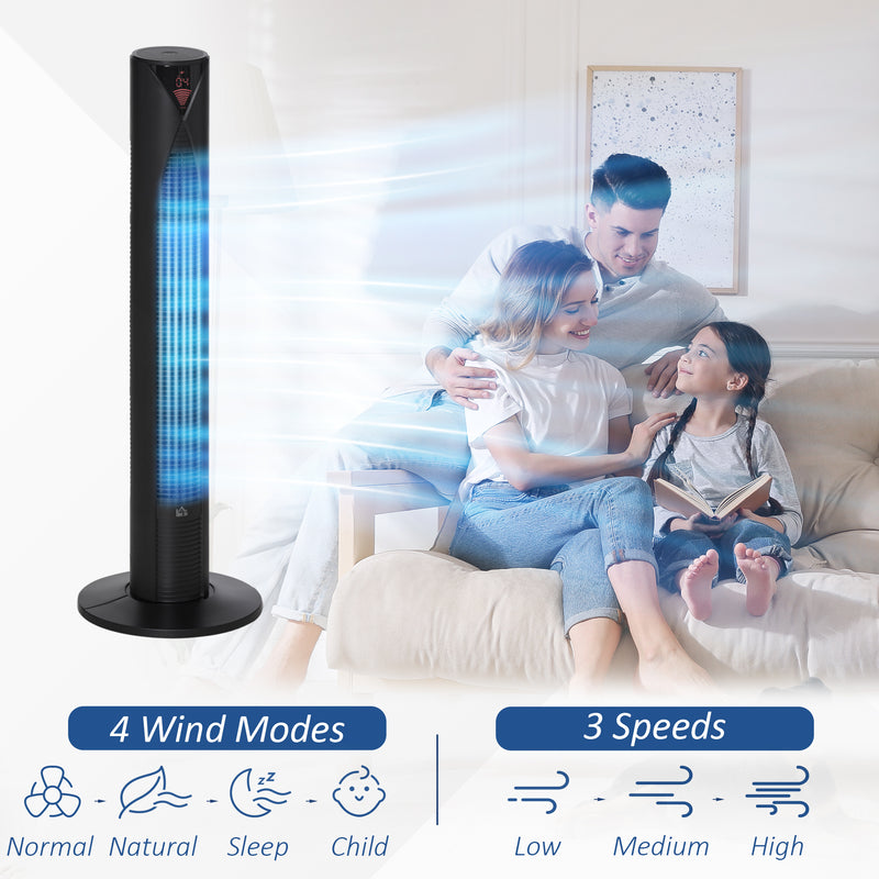 38" Oscillating Tower Fan Remote Control 3 Speed Modes 12-Hour Timer Ultra Slim Cooling Machine Black - Ф31.5 x H96cm