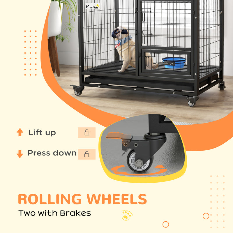 Heavy Duty Dog Crate on Wheels w/ Bowl Holder, Removable Tray, Detachable Top, Double Doors for L, XL Dogs