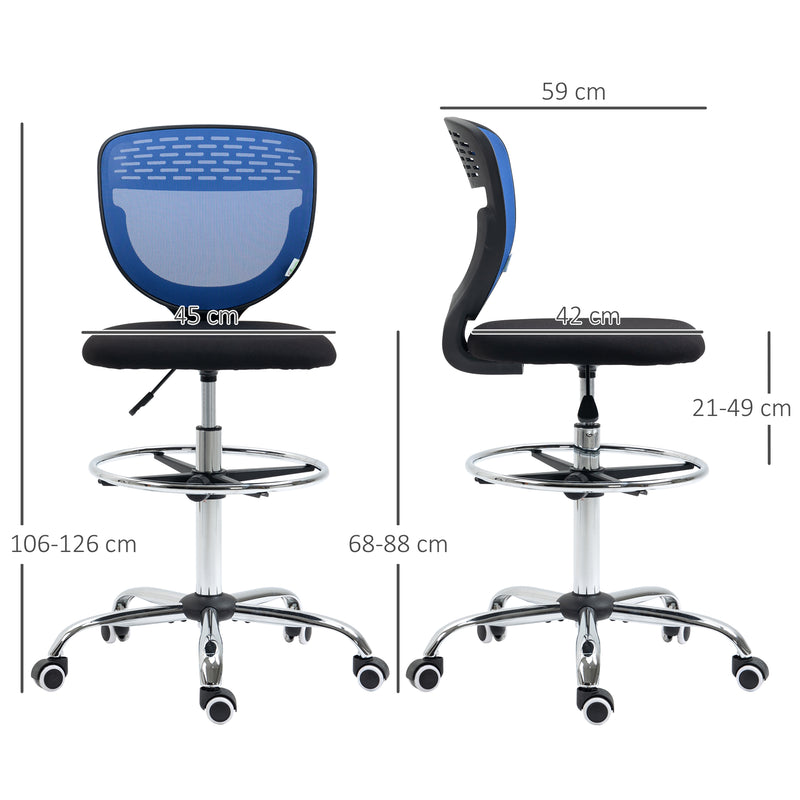 Drafting Chair, Swivel Office Draughtsman Chair, Mesh Standing Desk Chair with Lumbar Support, Adjustable Foot Ring, Armless, Dark Blue