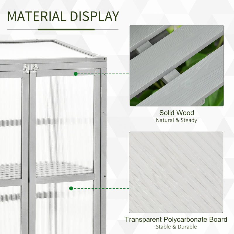 Wooden Cold Frame Greenhouse Garden Polycarbonate Grow House w/ Adjustable Shelf, Double Doors, 76 x 47 x 110 cm, Grey